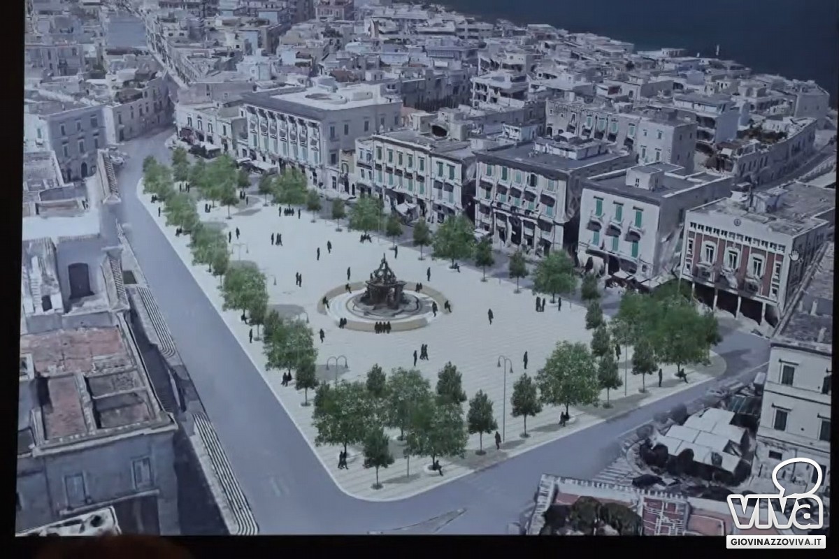 Rendering nuove alberature e sedute piazza