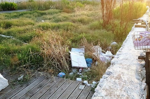 Erba alta e rifiuti per l'accesso alla spiaggia. <span>Foto Mariella Serrone</span>