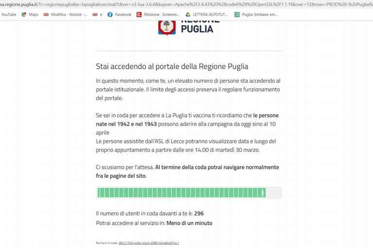 Lo screenshot dell'attesa sul sito regionale